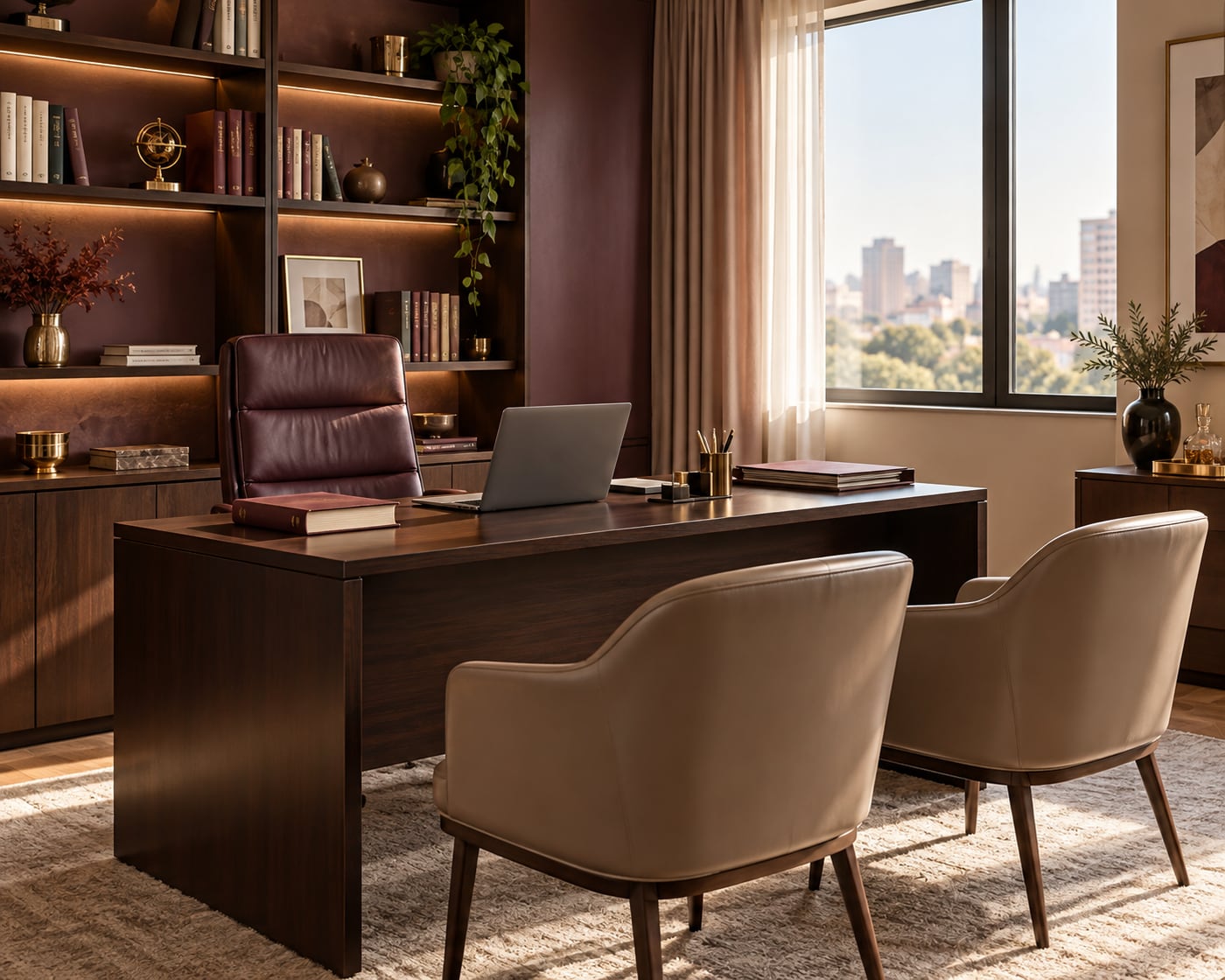 Sala de atendimento com mesa de madeira, cadeiras de couro taupe e estante