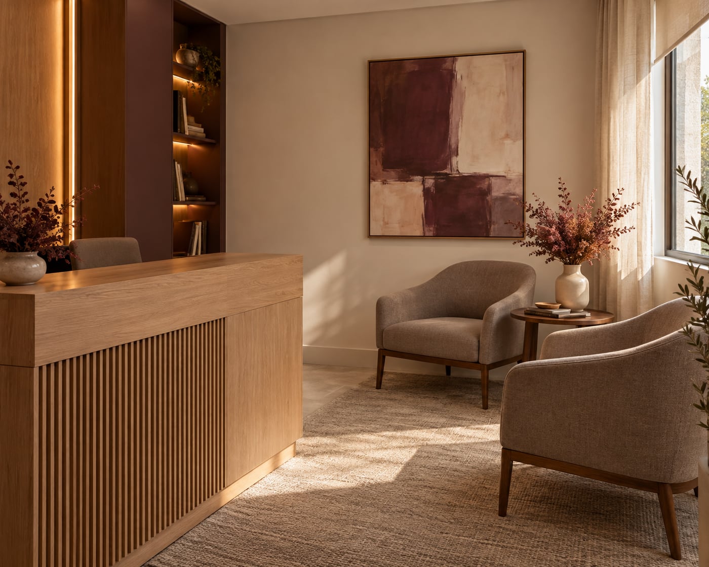 Recepção com poltronas taupe, flores secas e quadro em tons de ameixa