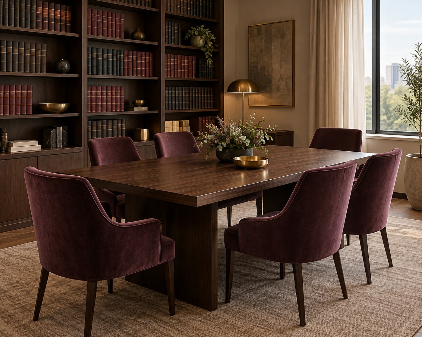 Sala de reuniões com mesa de madeira escura, cadeiras de veludo ameixa e estante de livros jurídicos